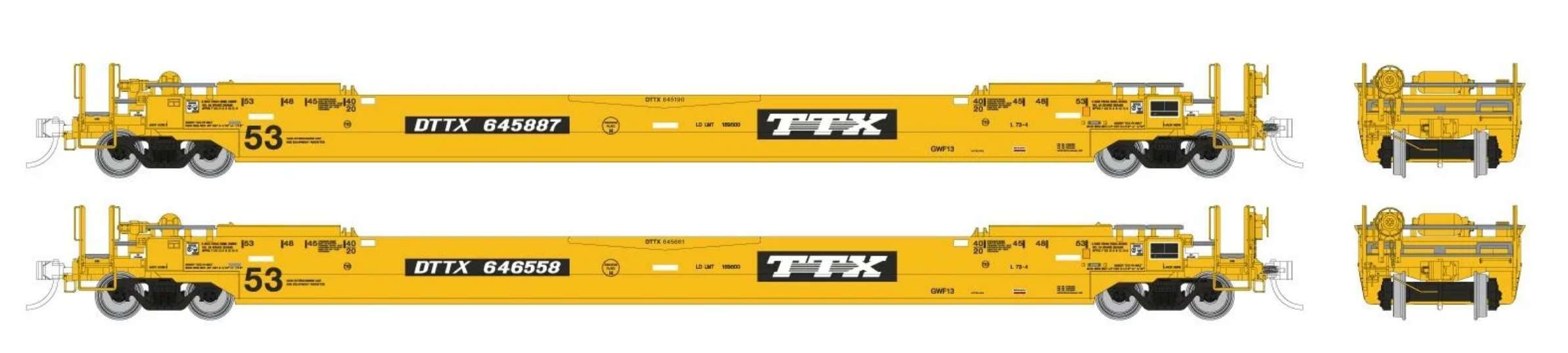 Rapido Trains HO Scale 53' Husky-Stack Well Car 2-Pack TTX - As Delivered
