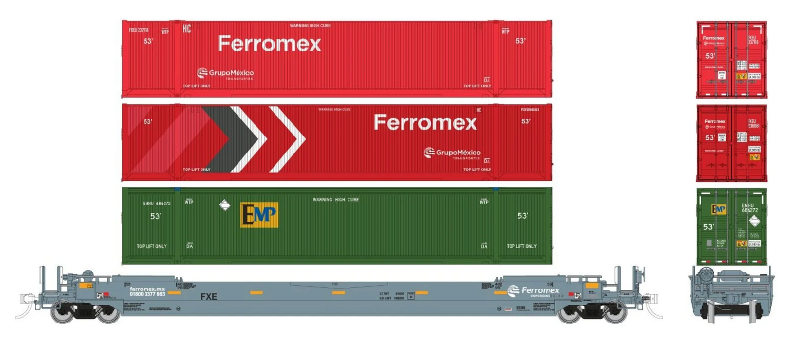 Rapido Trains HO Scale 53' Husky-Stack Well Car + Containers Ferromex