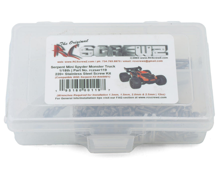 RC Screwz RCZSER119 Serpent Mini Spyder 1/18 Monster Truck Stainless Steel Screw Kit