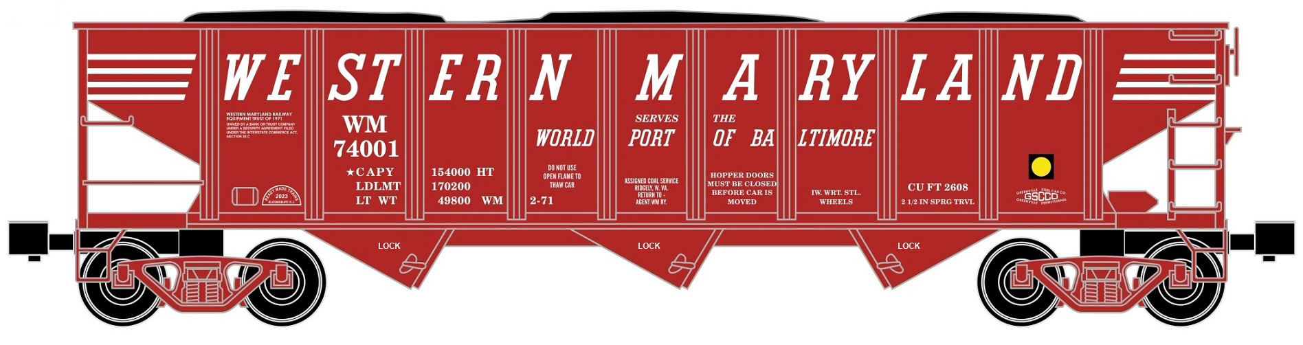 Ready Made Trains (RMT) 66234 O Gauge 70 Ton Hopper Car Western Maryland WM "World Port of Baltimore"