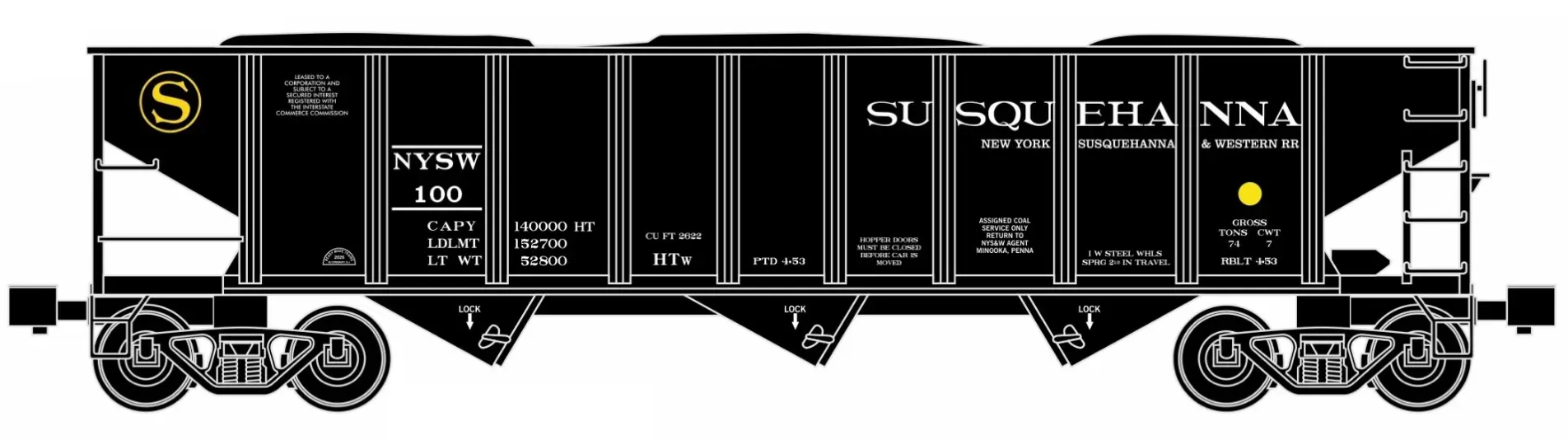 Ready Made Trains (RMT) 66243 O Gauge 70 Ton Hopper Car Susquehanna NYS&W