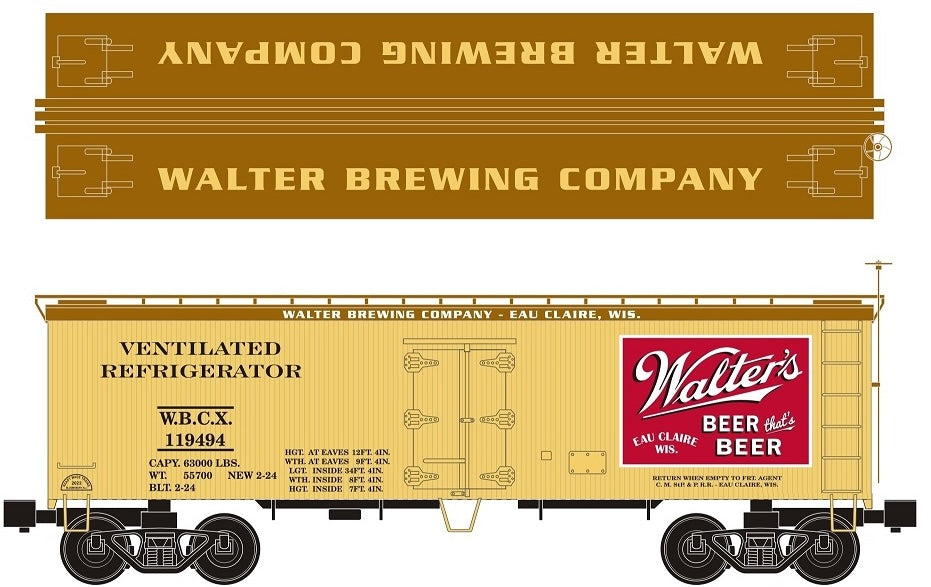Ready Made Trains (RMT) 86192 O Scale 36' Wood Side Reefer Car Walter's Beer
