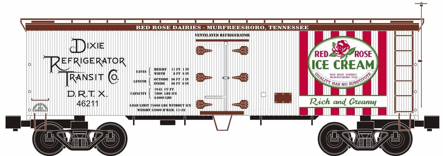 Ready Made Trains (RMT) 86199-10 O Scale 36' Wood Side Reefer Car Red Rose Ice Cream