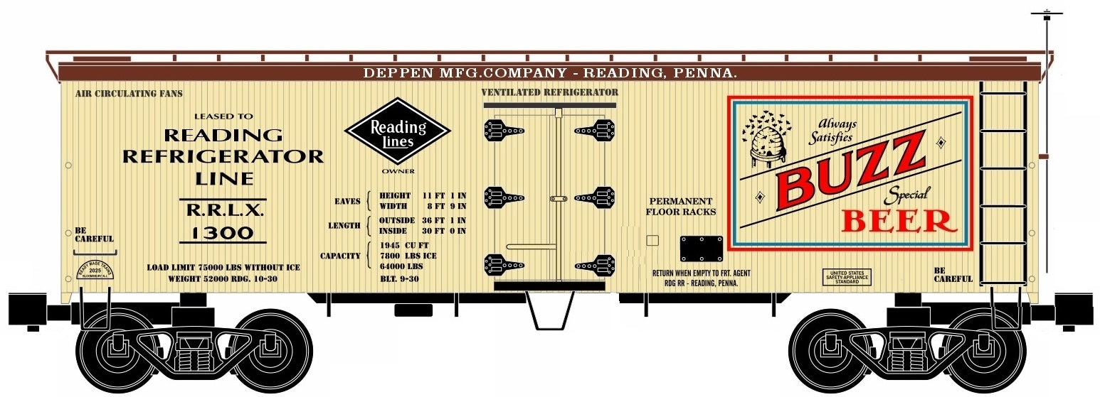 Ready Made Trains (RMT) 86199-168 O Scale 36' Wood Side Reefer Car Reading Lines Buzz Beer