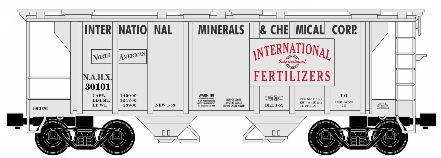 Ready Made Trains (RMT) 86399-102 O Scale 2 Bay Covered Hopper International Minerals NAHX (#s Vary)