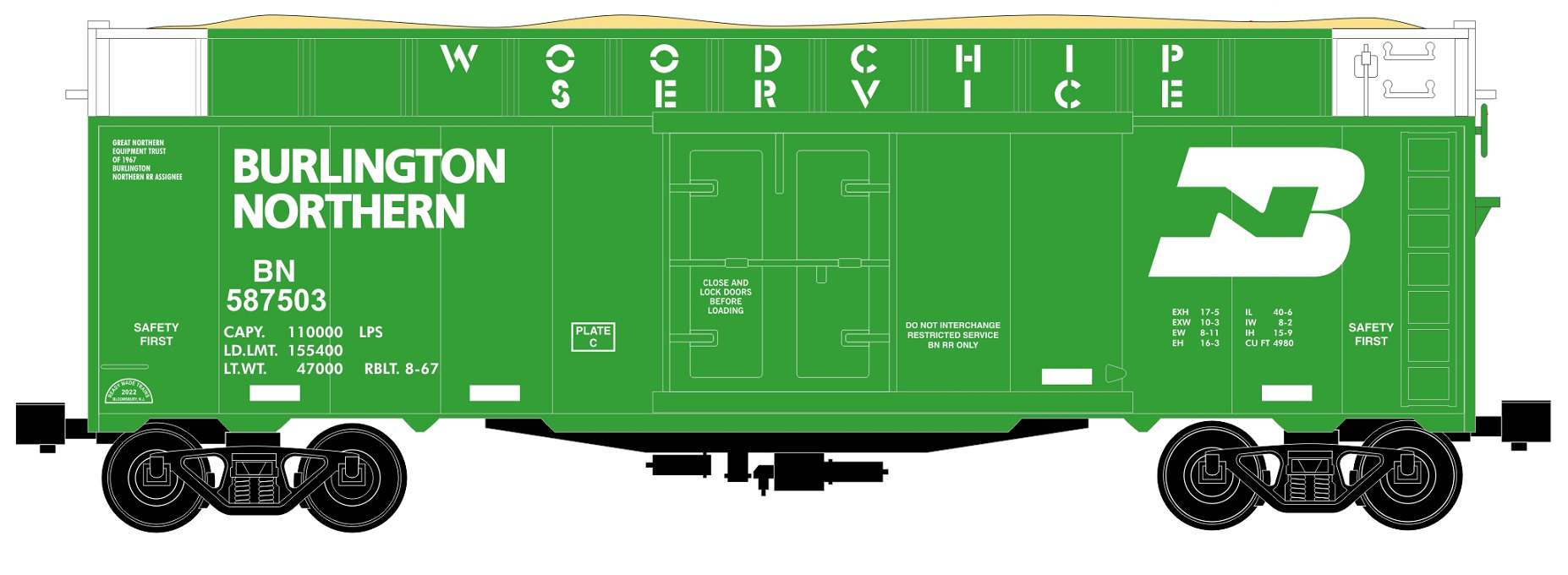 Ready Made Trains (RMT) 86428 O Scale Woodchip Car Burlington Northern BN (#s Vary)