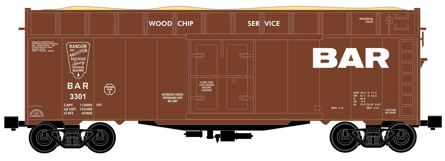 Ready Made Trains (RMT) 86467 O Scale Woodchip Car Bangor & Aroostook BAR (#s Vary)
