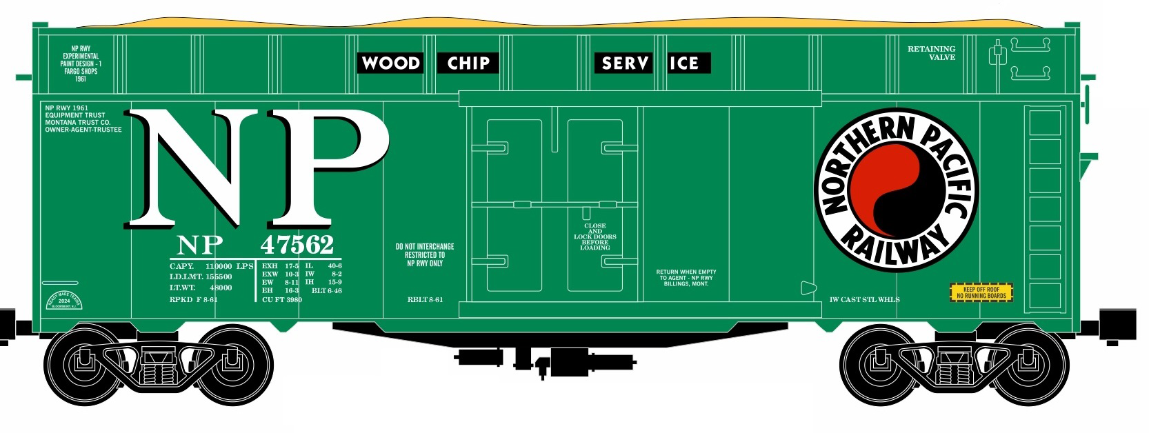Ready Made Trains (RMT) 86483 O Scale Woodchip Car Northern Pacific NP (#s Vary)