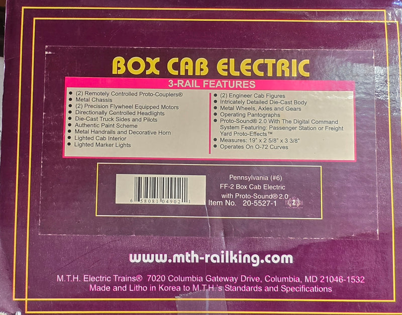 MTH Premier 20-5527-1 O Scale FF-2 Boxcab Electric Pennsylvania PRR 6 with PS2 - USED