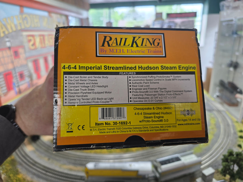 MTH Railking 30-1692-1 O Gauge 4-6-4 Streamlined Hudson Steam Loco C&O 492 with PS3 (Like New USED)