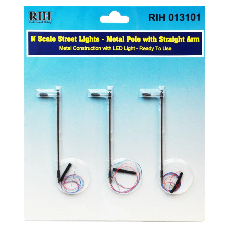 Rock Island Hobby 13101 N Scale Street Light Straight Arm 3 Pack