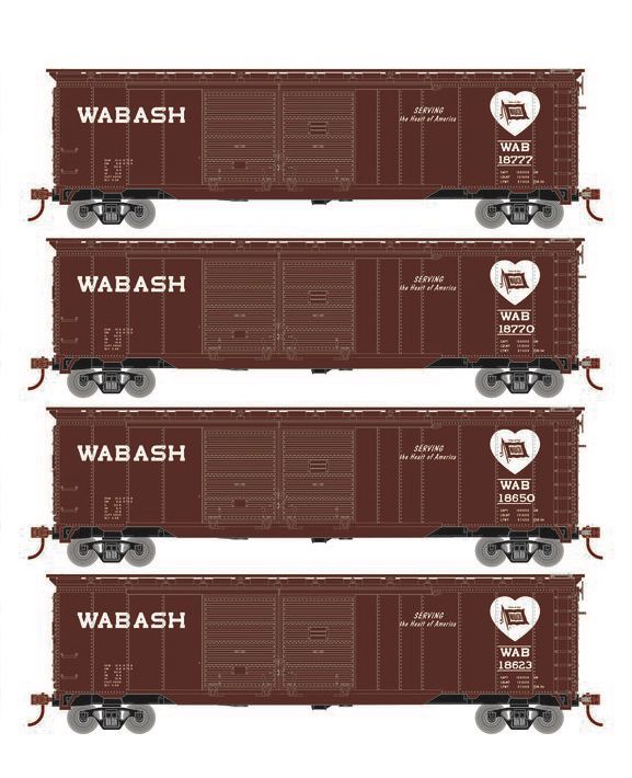 Roundhouse 1004 HO Scale 50' Double Door Boxcar Wabash WAB "Heart/Flag" 4-Pack #1