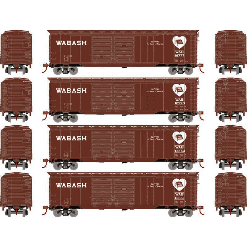 Roundhouse 1004 HO Scale 50' Double Door Boxcar Wabash WAB "Heart/Flag" 4-Pack #1