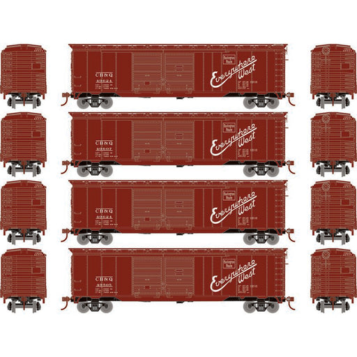 Roundhouse 1017 HO Scale 50' Double Door Boxcar Burlington CB&Q "Brown" 4-Pack #2