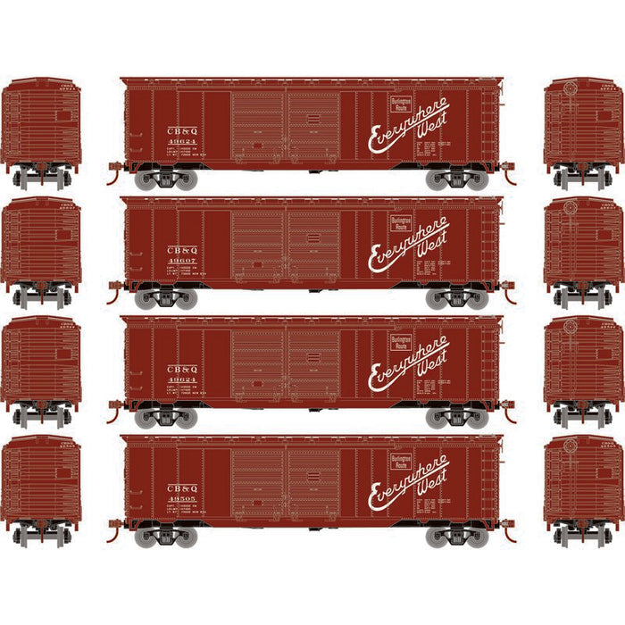 Roundhouse 1017 HO Scale 50' Double Door Boxcar Burlington CB&Q "Brown" 4-Pack #2