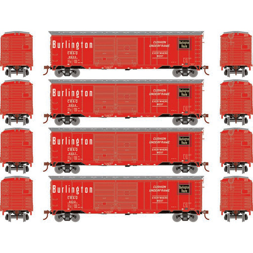 Roundhouse 1019 HO Scale 50' Double Door Boxcar Burlington CB&Q "Red" 4-Pack #1
