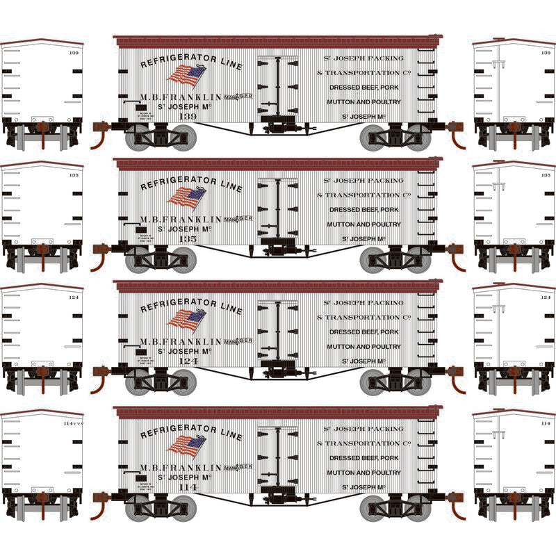 Roundhouse 1020 HO Scale 36' Wood Reefer St. Joseph Packing SJPX 4-Pack #1