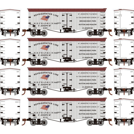 Roundhouse 1020 HO Scale 36' Wood Reefer St. Joseph Packing SJPX 4-Pack #1