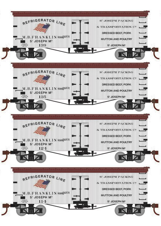 Roundhouse 1020 HO Scale 36' Wood Reefer St. Joseph Packing SJPX 4-Pack #1