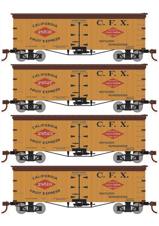 Roundhouse 1023 HO Scale 36' Wood Reefer California Fruit Express CFX 4-Pack #1
