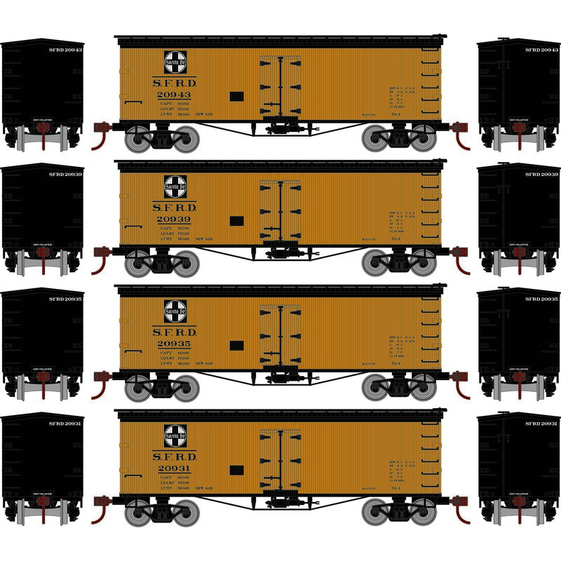 Roundhouse 1046 HO Scale 36' Wood Reefer Santa Fe SFRD 4-Pack #1