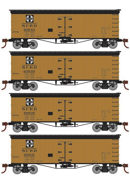 Roundhouse 1046 HO Scale 36' Wood Reefer Santa Fe SFRD 4-Pack #1