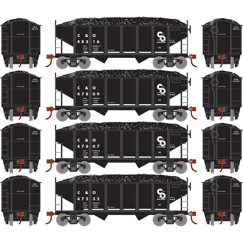 Roundhouse 50013 HO Scale 34' Ribbed Hopper w/Load Chesapeake & Ohio C&O 4-Pack #1
