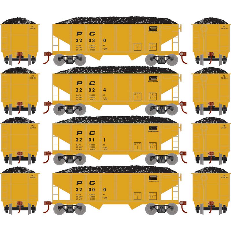Roundhouse 50021 HO Scale 34' Ribbed Hopper w/Load Penn Central PC 4-Pack #1