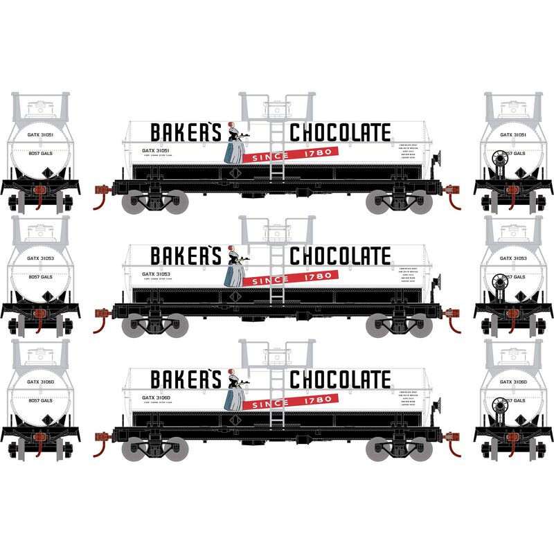 Roundhouse 72994 HO Scale Chemical Tank Car Baker's Chocolate GATX 3 Pack