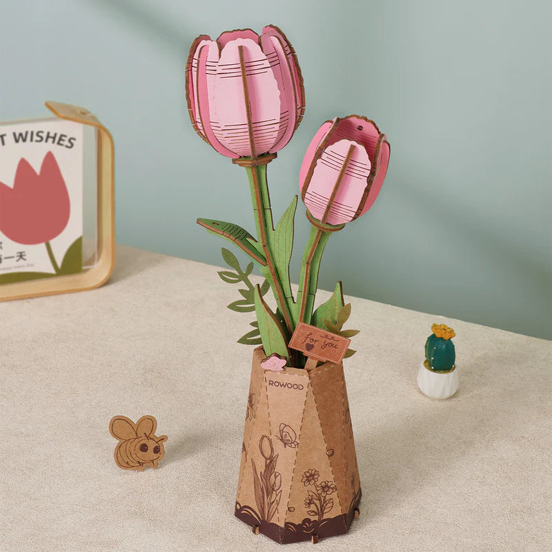 Rowood TW082 3D Wooden Puzzle - Pink Tulip Flowers