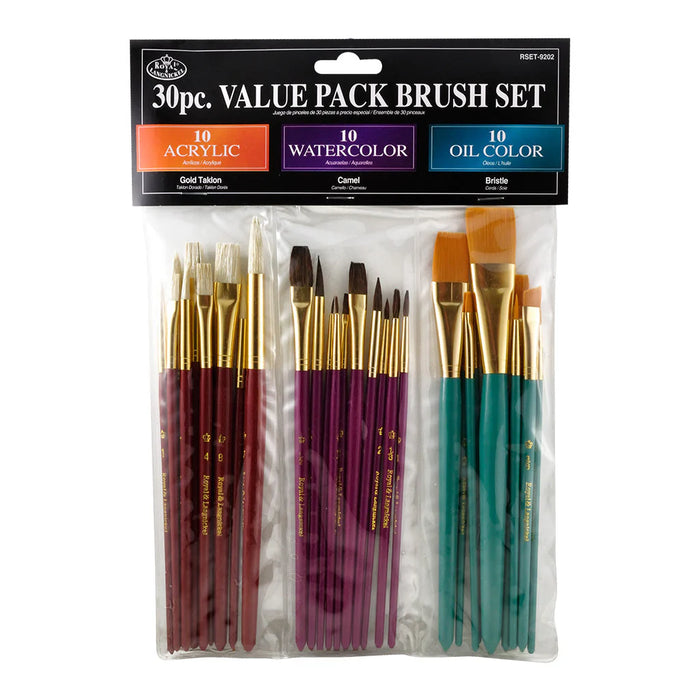 Royal & Langnickel 22606 Assorted All Media Bristle/Camel/Gold Taklon Brushes 30 Piece Value Pack