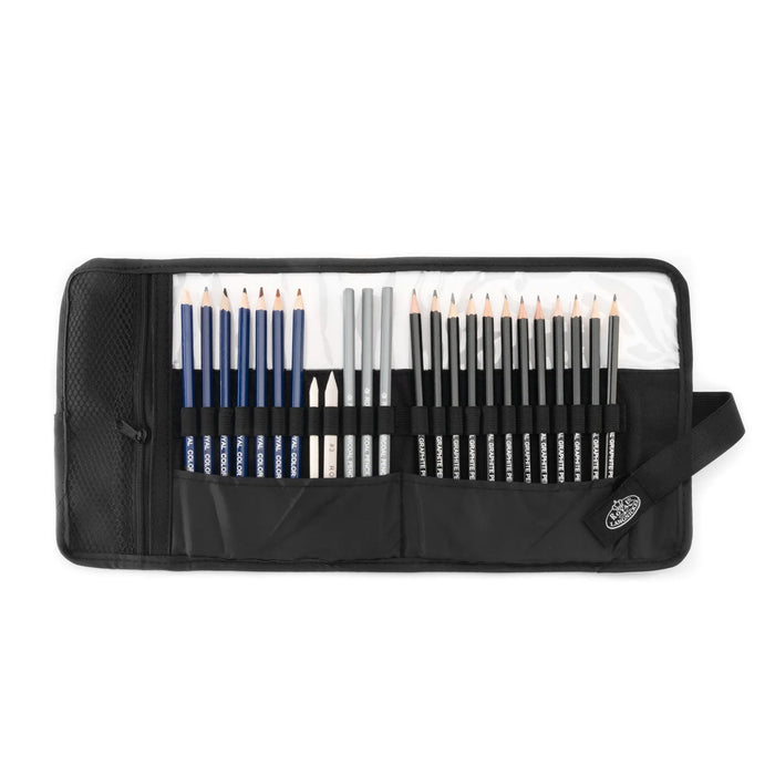 Royal & Langnickel 39270 Sketching Pencils Set in Roll-Up Travel Case (12 graphite/7 colored/3 charcoal pencils & 2 blending stumps.)
