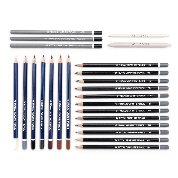 Royal & Langnickel 39270 Sketching Pencils Set in Roll-Up Travel Case (12 graphite/7 colored/3 charcoal pencils & 2 blending stumps.)