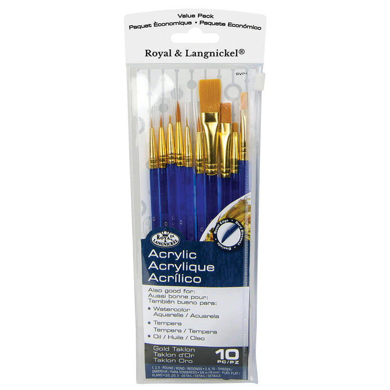 Royal & Langnickel 5020 Assorted Acrylic Gold Taklon Brushes 10 Piece Value Pack