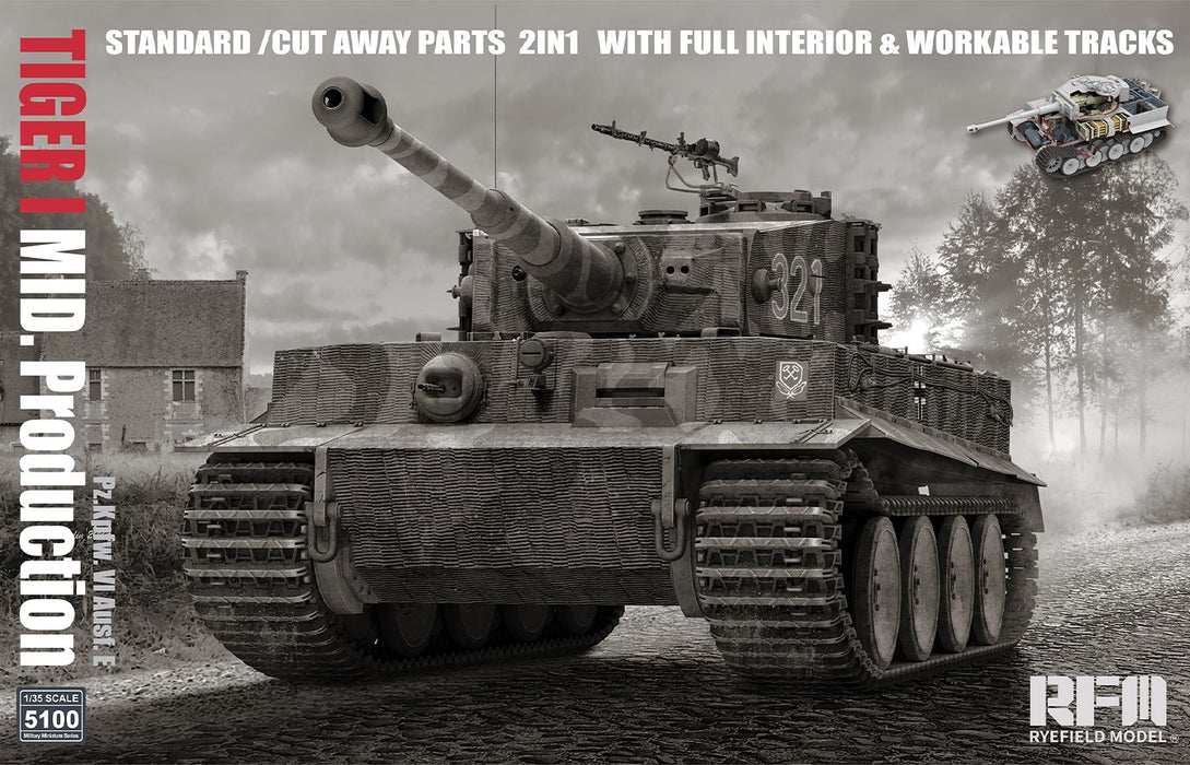 Ryefield Models 5100 1/35 Tiger I Mid Prod. Standard/Cut Away Parts 2in1 w/ Interior & Workable Tracks Model Kit