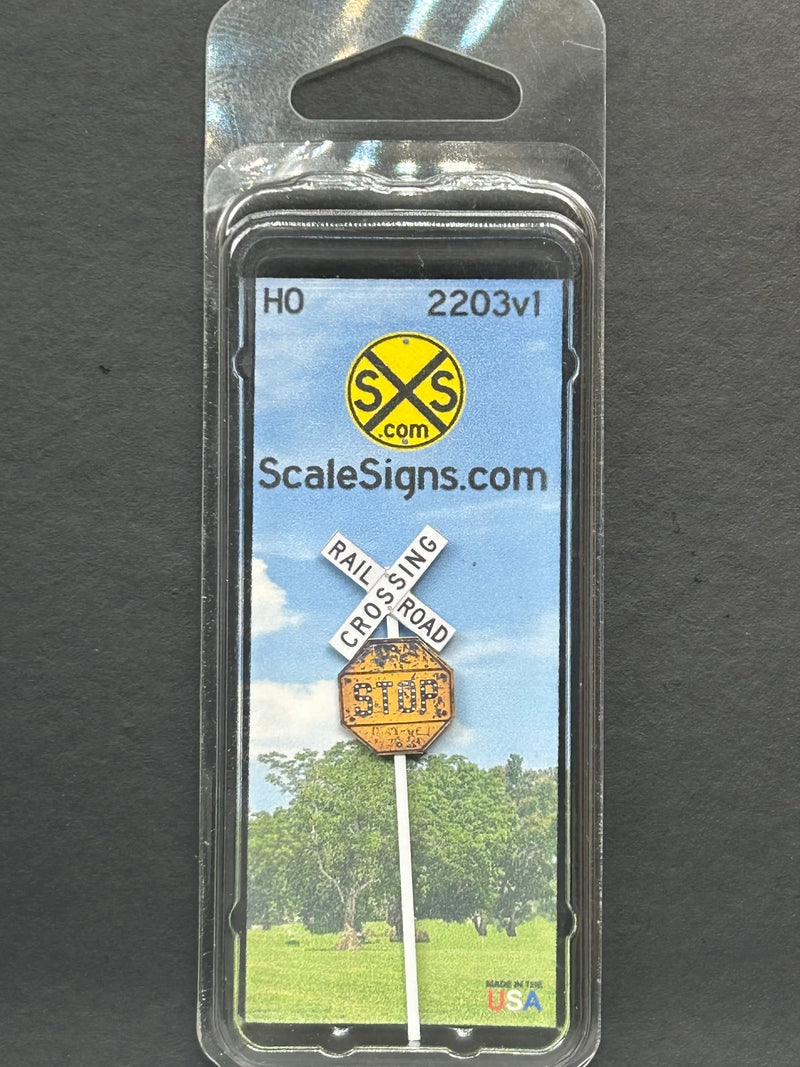 ScaleSigns HO-2203-v1 HO Scale New Crossbucks and with Rusty Yellow Stop Sign