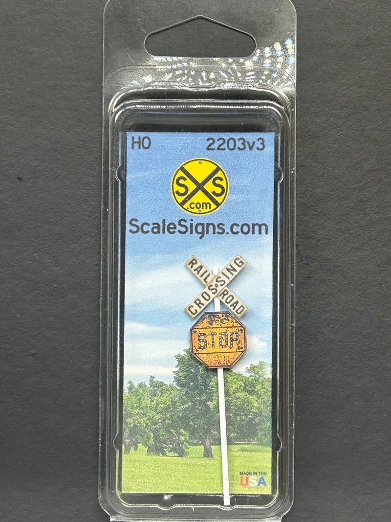 ScaleSigns HO-2203-v3 HO Scale Crossbucks and Yellow Stop Sign with Light Rust