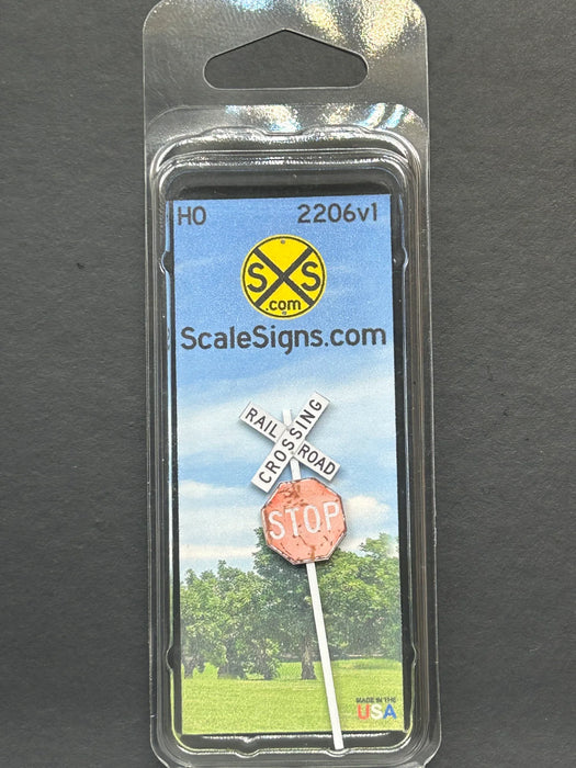 ScaleSigns HO-2206-v1 HO Scale New Crossbucks and with Rusty Stop Sign