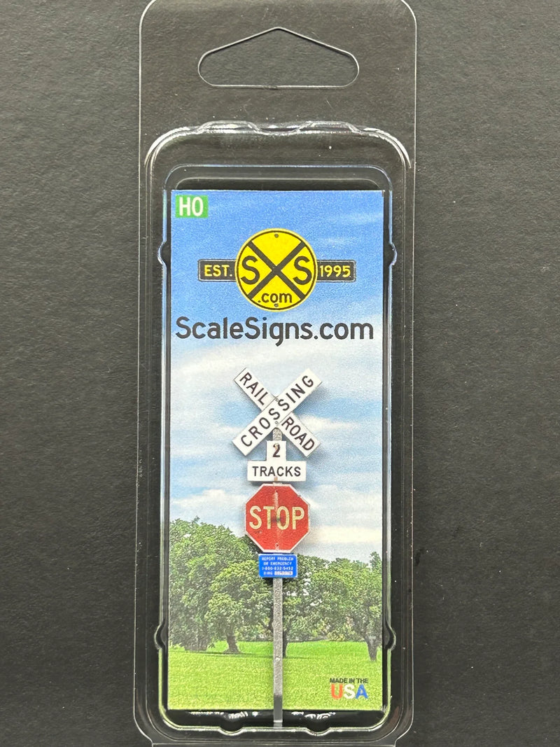 ScaleSigns HO-2409-v2 HO Scale Crossbucks + Stop Sign +2 Tracks + ID Sign
