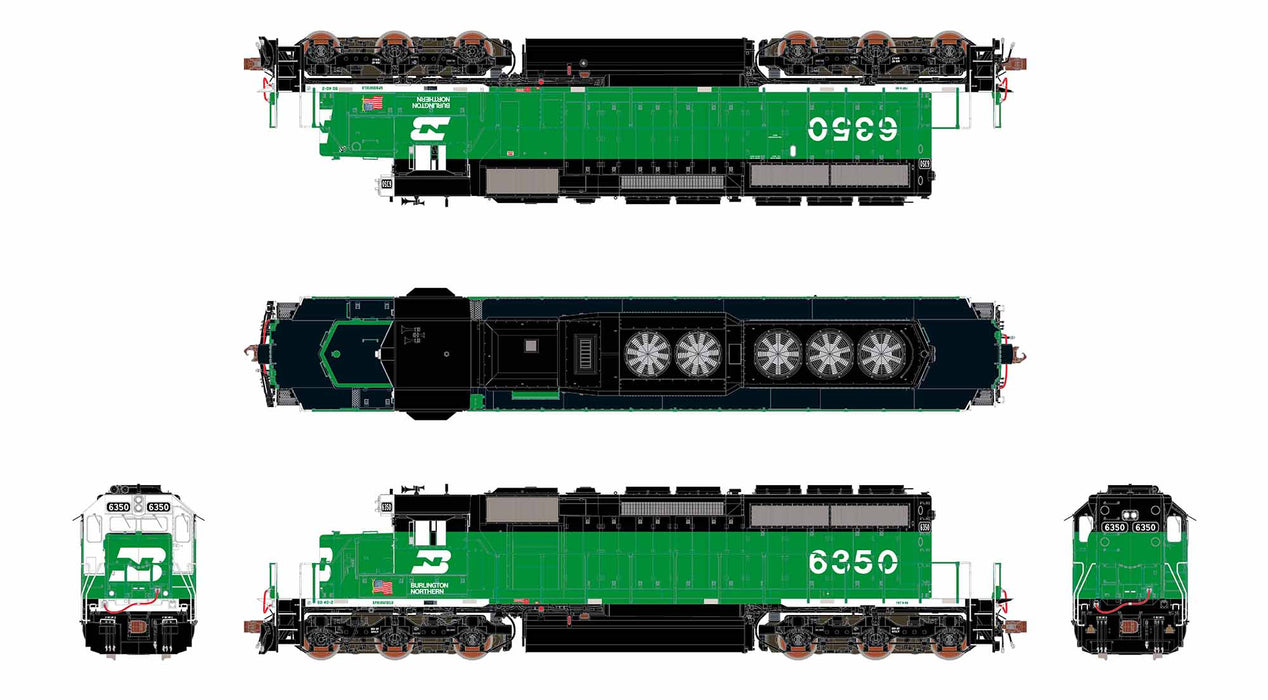 ScaleTrains Rivet 40758 HO Scale EMD SD40-2 Burlington Northern BN 6350 - DC (White Face with Ditch Lights)