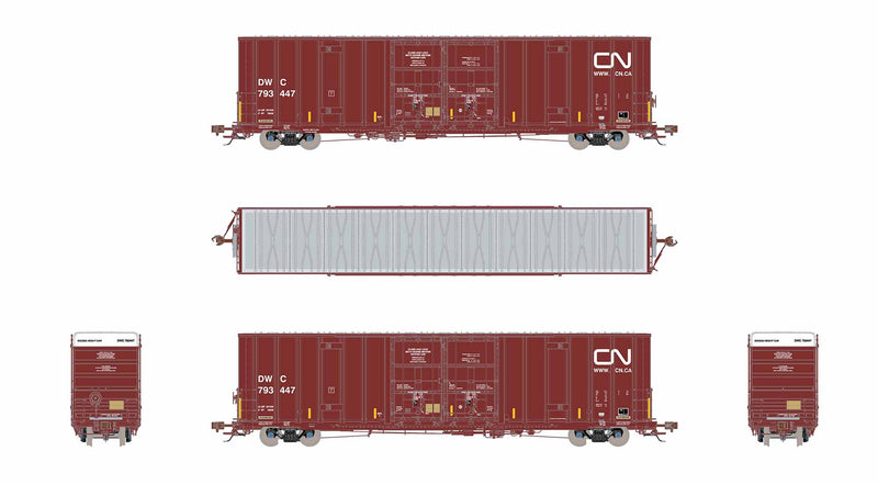 ScaleTrains Rivet 41001 HO Scale Trinity 60' 7500 12' Plug-Door High-Cube Boxcar Canadian National DWC 793473 (with Conspicuity Stripes)