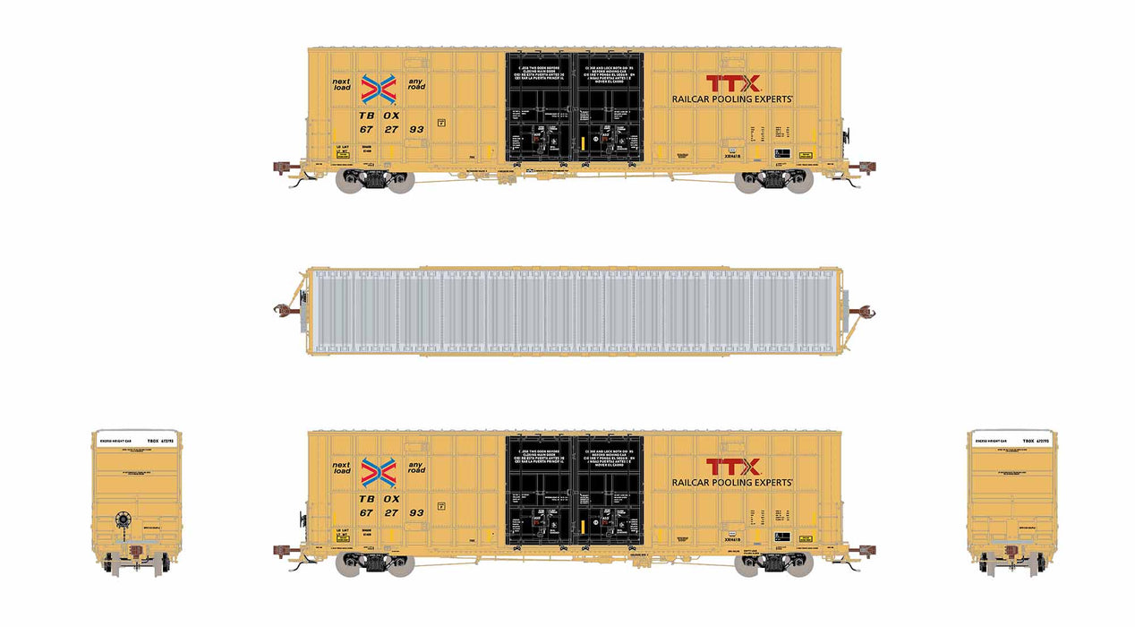 ScaleTrains Rivet 41014 HO Scale Trinity 60' 7500 12' Plug-Door High-Cube Boxcar TTX TBOX 672861 (Red Logo with Conspicuity Stripes)