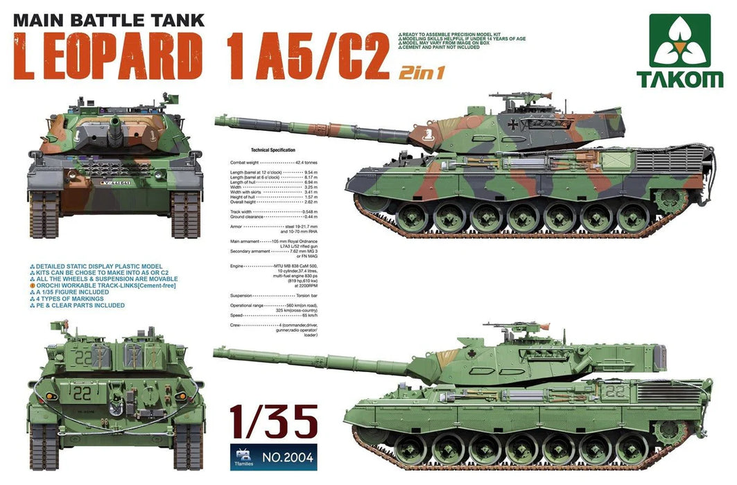 Takom 2004 1/35 Leopard 1A5/C2 Main Battle Tank Model Kit