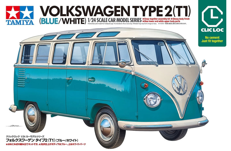 Tamiya 28102 1/24 Volkswagen T1 Type 2 Blue/White Snap (CLIC LOC) Model Kit