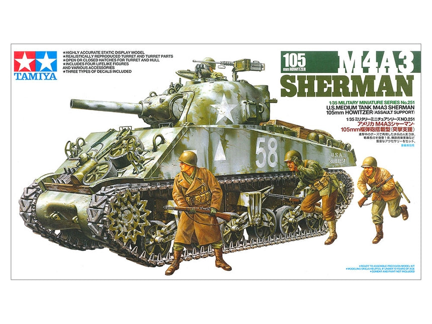Tamiya 35251 1/35 US M4A3 Sherman with 105mm Howitzer Model Tank Kit