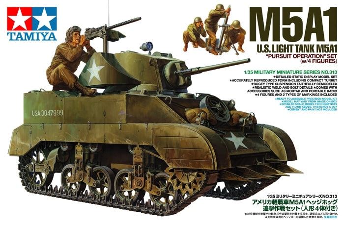Tamiya 35313 1/35 US Light Tank M5A1 – Pursuit Operation Model Kit with 4 Figures