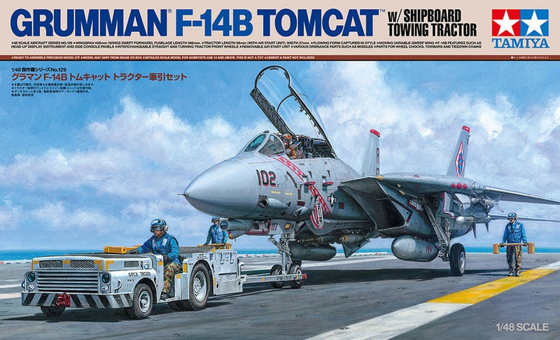 Tamiya 61129 1/48 Grumman F-14A Tomcat Fighter with Shipboard Towing Tractor Model Kit