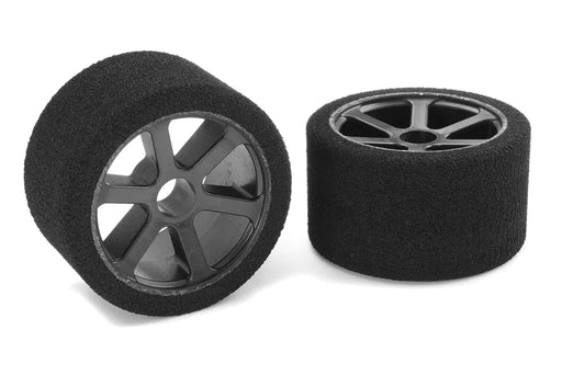 Team Corally C-14720-30 Attack Foam Front Tires for 1/12 Circuit 30 Shore Pink mounted on Carbon Rims