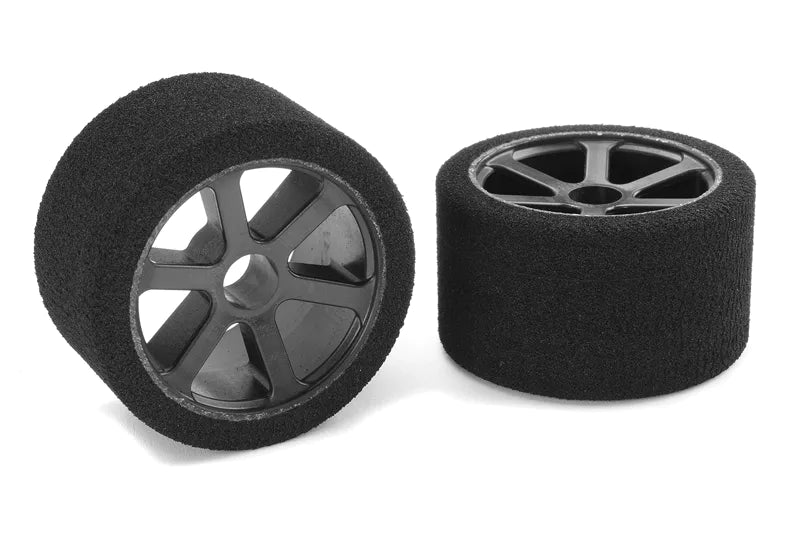 Team Corally C-14720-30 Attack Foam Front Tires for 1/12 Circuit 30 Shore Pink mounted on Carbon Rims