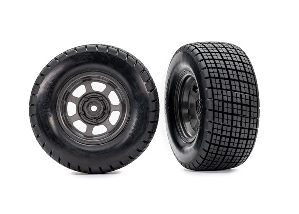 Traxxas 10474 Oval Graphite Gray Wheels with Hoosier Tires Pre-Glued 4WD Front/Rear, 2WD Rear